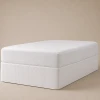 A white quilted bed skirt on a box spring under a mattress.