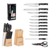 Proctor Silex 13pc hospitality-grade stainless steel knife block set components with wooden block.