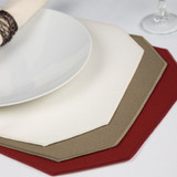 White, Sandalwood and Burgundy fabric placemats displayed on a table.