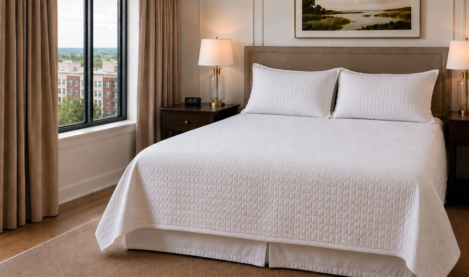 Hotel room with white quilted bedding, pillows, and folded towels from Palmetto Linen Distributors