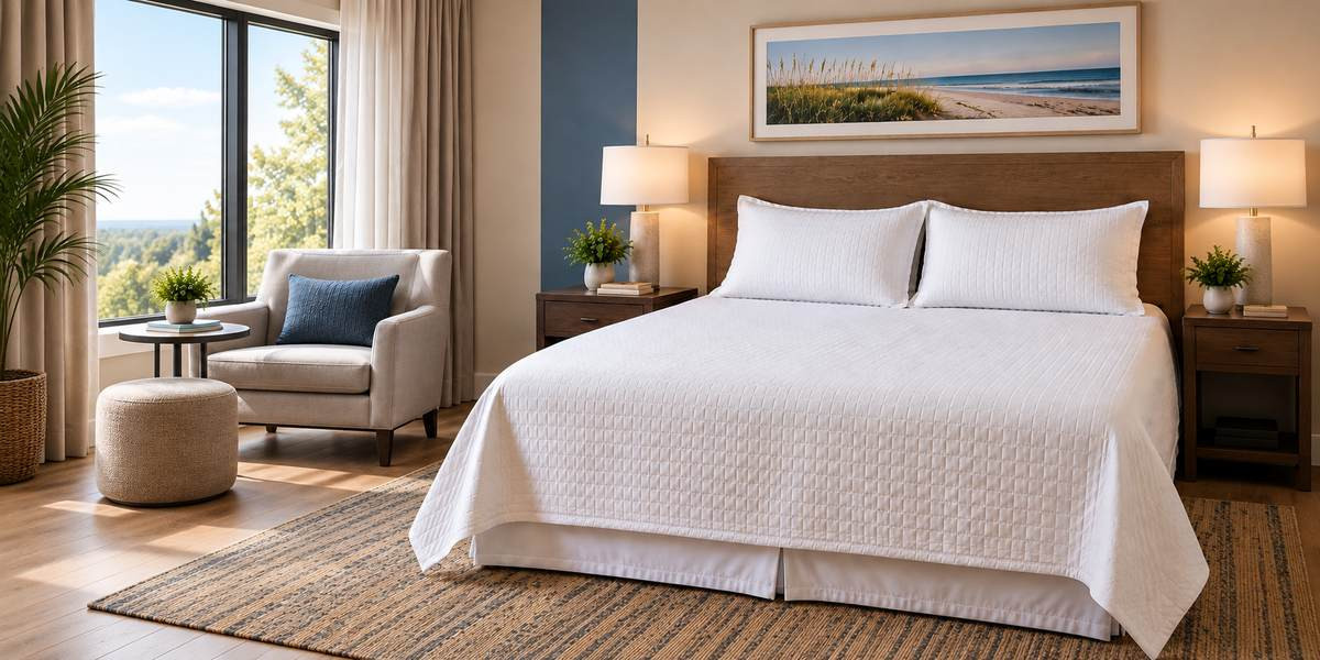 Hotel room with white quilted bedding.