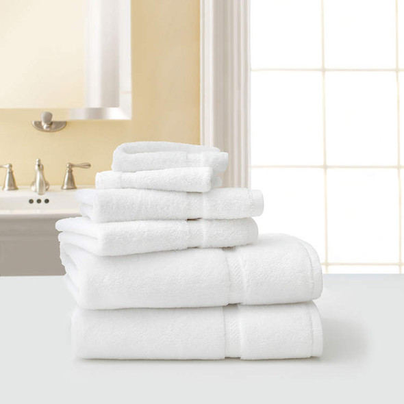 Five Star Bath Towels, Five Star Hand Towels and Five Star Washcloths stacked together.