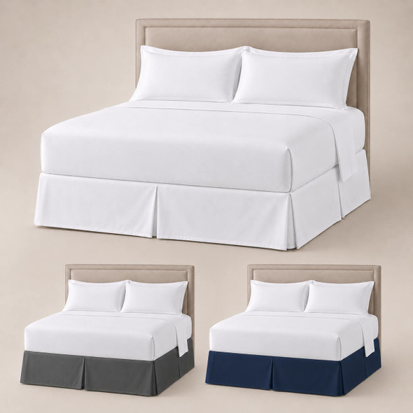 Solid color white, gray and navy color bed skirts shown on 3 beds.