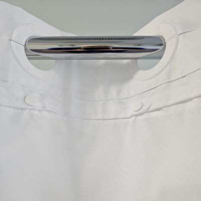 Close up of white hospitality-grade Snap-in-Liner for No-Hook shower curtain.