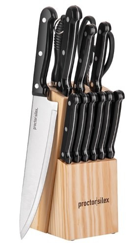 Proctor Silex 13pc hospitality-grade stainless steel knife block set with black handles in wooden block.