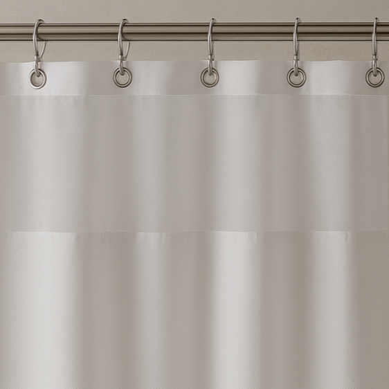 White 23-Threads polyester herringbone shower curtain with window with metal grommets, commercial-quality hospitality-grade.