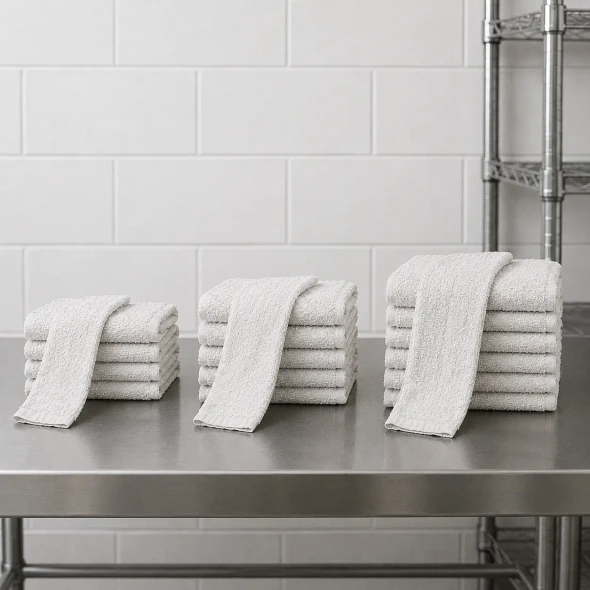 White Basic Economy towels stacked in 3 stacks