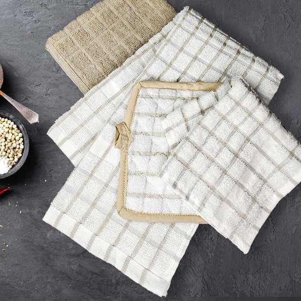 Beige and white color bulk kitchen towels.