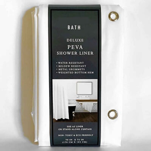 White PEVA vinyl shower curtain liner.