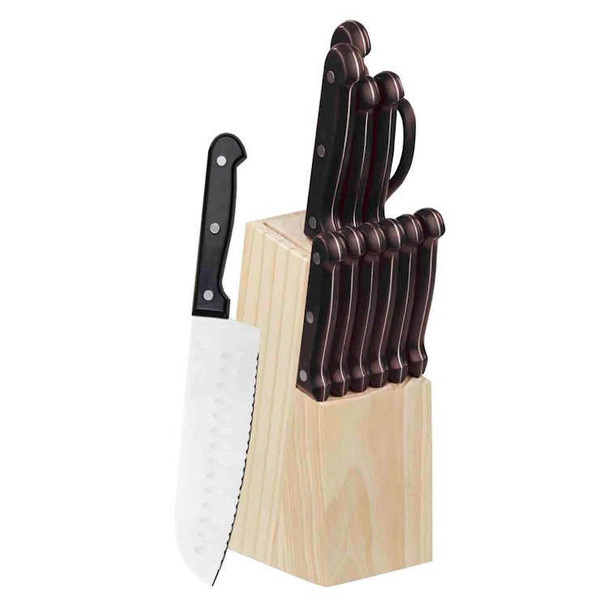 Home Basics 13 pc. Knife Block Sets with Shears - Stainless Steel Blades, Serrated Edges, Wood Storage Block