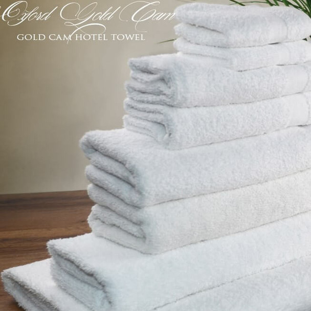 Oxford Gold Cam Bath Towels, Gold Cam Hand Towels and Gold Cam Washcloths stacked.