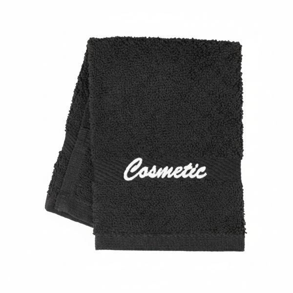 Black Oxford Cosmetic towel, 100% cotton economy makeup washcloth with white script "Cosmetic" embroidery, folded on a white background.