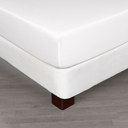 White hospitality-grade box spring wrap, commercial-quality wholesale fitted bed base cover for hotel bedding.