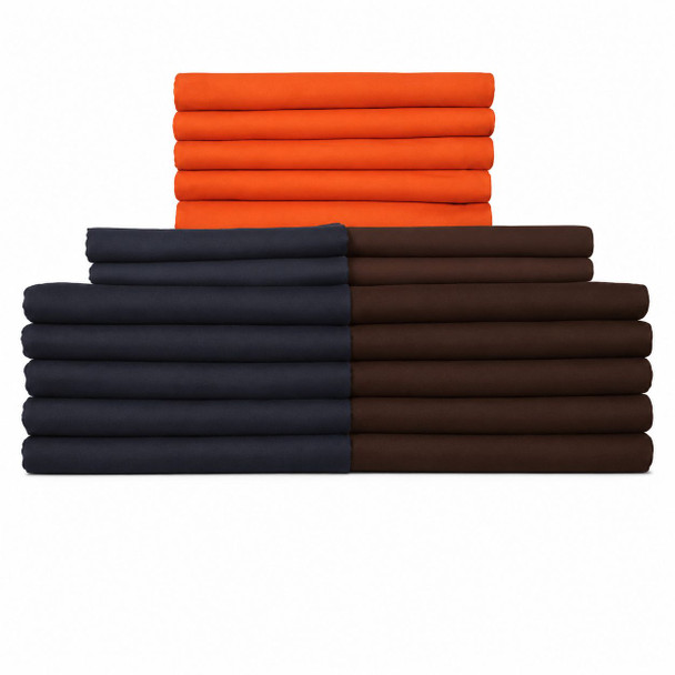 Institutional Fitted Sheets stacked in brown, orange and navy colors