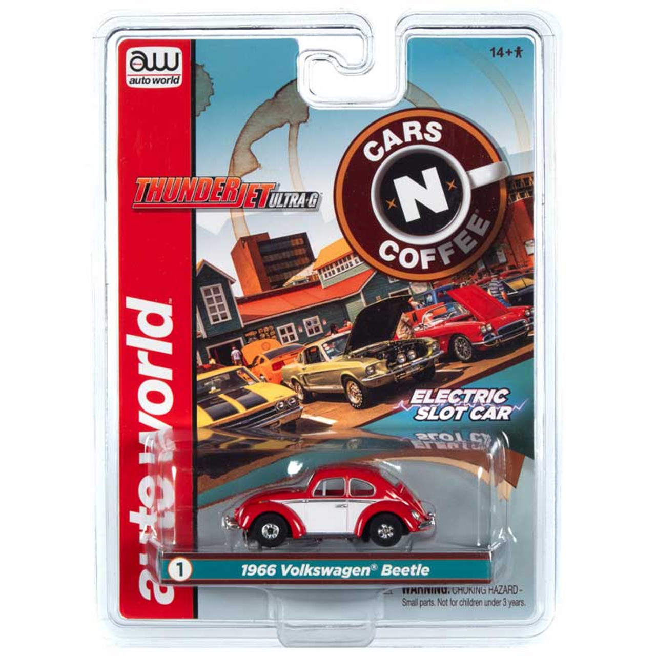 Auto World 1966 Volkswagen Beetle Red/White Thunderjet HO Slot Car