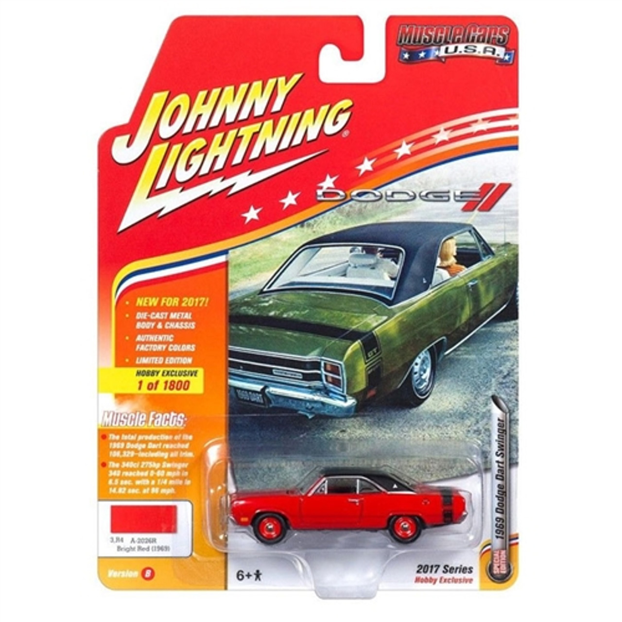 Johnny Lightning 1:64 Diecast 1969 Dodge Dart - Bright Red w/Flat Black  Roof and Stripes