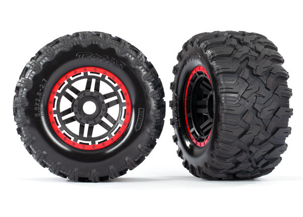 Traxxas Maxx MT Tires on Black Wheels with Red Beadlock Look