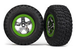 Traxxas Tires & wheels, assembled, glued (SCT, chrome, green beadlock wheel, BFGoodrichÂ® Mud-Terrainâ?¢  T/AÂ® KM2 tire, foam inserts) (2) (4WD front/rear, 2WD rear only)