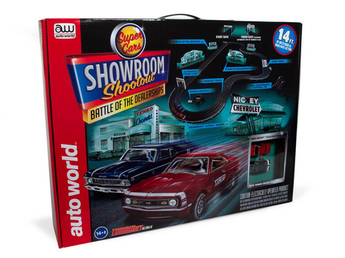 Auto World Showroom Shootout Battle of the Dealerships 14' HO Slot Car Set Auto World Showroom Shootout Battle of the Dealerships 14' HO Slot Car Set
