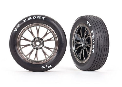 These are the Traxxas Drag Slash Front Wheels, Assembled, Weld Satin Black Chrome (2)