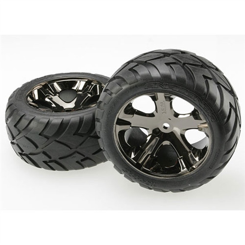 Traxxas Rear Black Chrome All-Star Wheels w/Anaconda Tires: Stampede, Rustler Traxxas Rear Black Chrome All-Star Wheels w/Anaconda Tires: Stampede, Rustler