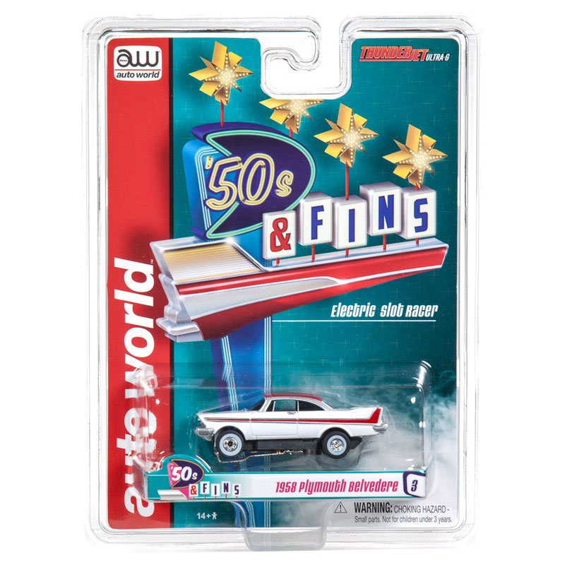 Auto World 1958 Plymouth Belvedere White/Red Thunderjet HO Slot Car (SC334-3)