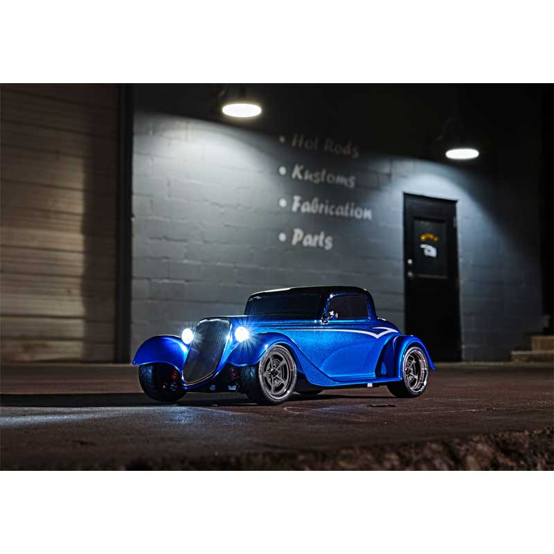 Traxxas 4-Tec 3.0 Factory Five '33 Hot Rod Coupe Blue Front View with lights