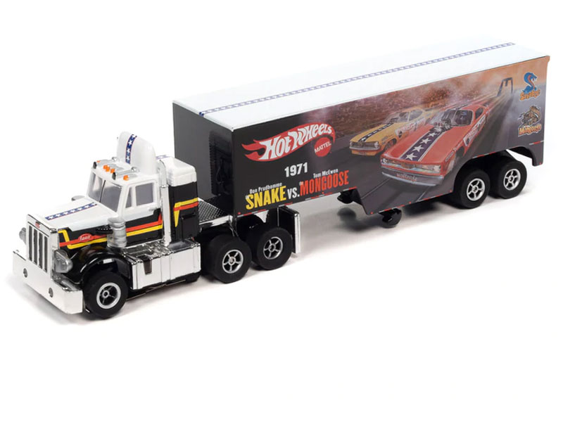 Auto World Racing Rig Peterbilt Model 359 w/Race Trailer (Snake vs. Mongoose) X-Traction Flamethrowers R12 HO Slot Car