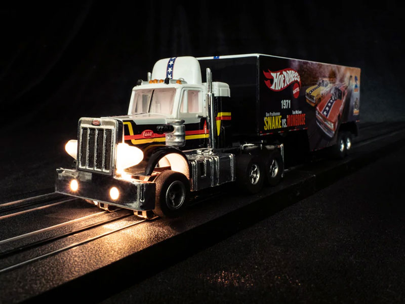 Auto World Racing Rig Peterbilt Model 359 w/Race Trailer (Snake vs. Mongoose) X-Traction Flamethrowers R12 HO Slot Car