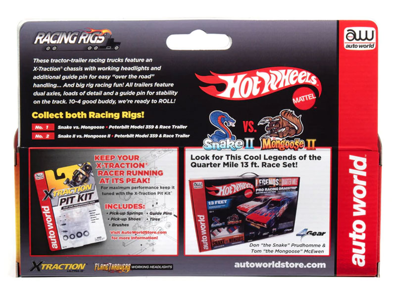 Auto World Racing Rig Peterbilt Model 359 w/Race Trailer (Snake vs. Mongoose) X-Traction Flamethrowers R12 HO Slot Car