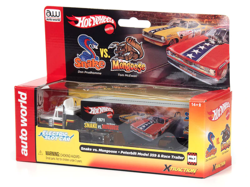 Auto World Racing Rig Peterbilt Model 359 w/Race Trailer (Snake vs. Mongoose) X-Traction Flamethrowers R12 HO Slot Car