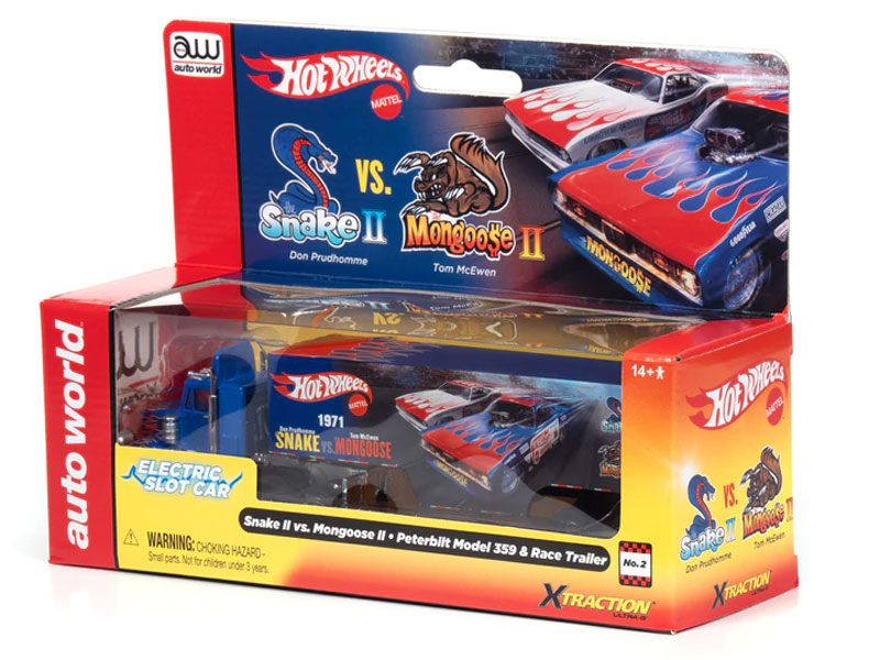 Auto World Racing Rig Peterbilt Model 359 w/Race Trailer (Snake II vs. Mongoose II) X-Traction Flamethrowers R12 HO Slot Car