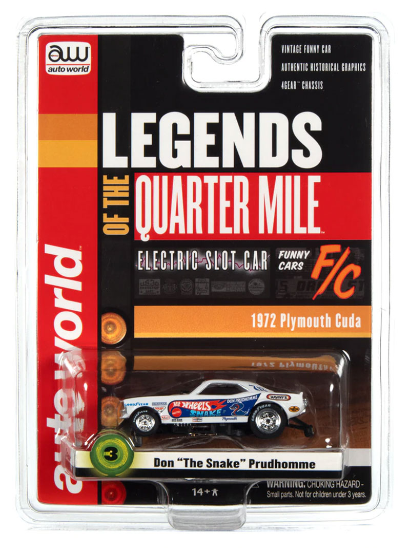 Auto World 1972 Plymouth Cuda Funny Car (White w/Flames) Don " The Snake" Prudhomme Snake II 4Gear Legends R1 HO Slot Car