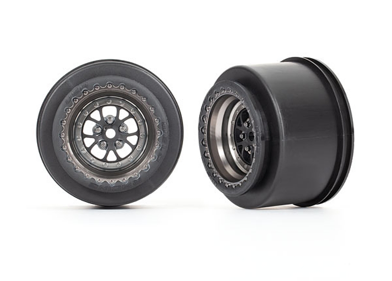 These are the Traxxas Drag Slash Rear Wheels, Weld Satin Black Chrome (2)