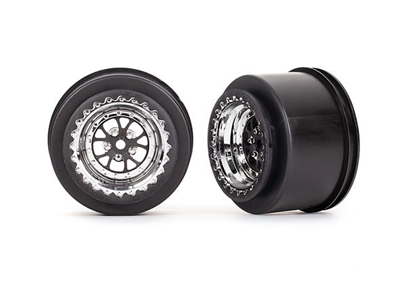 These are the Traxxas Drag Slash Rear Wheels, Weld Chrome With Black (2)