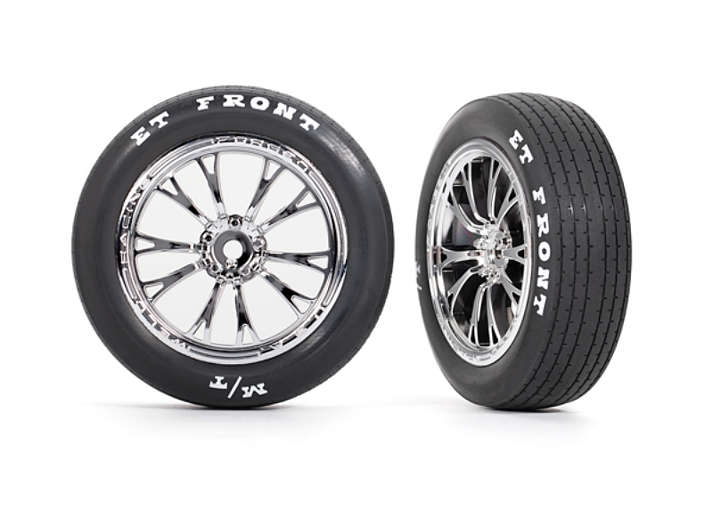 These are the Traxxas Drag Slash Front Wheels, Assembled, Weld Satin Black Chrome (2)