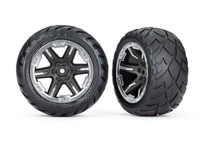 These are the Traxxas Rustler 2.8" Anaconda Wheels, Assembled, RXT Black/Chrome (2WD Electric Rear) (2)