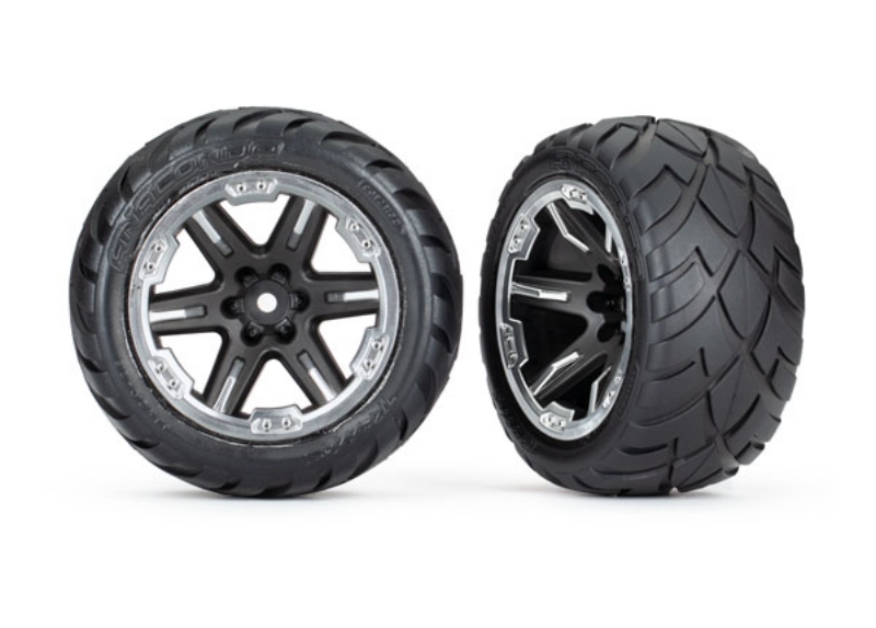 These are the Traxxas 2.8" Anaconda Wheels, Assembled, RXT Black/Chrome (4WD F/R, 2WD F) (2)