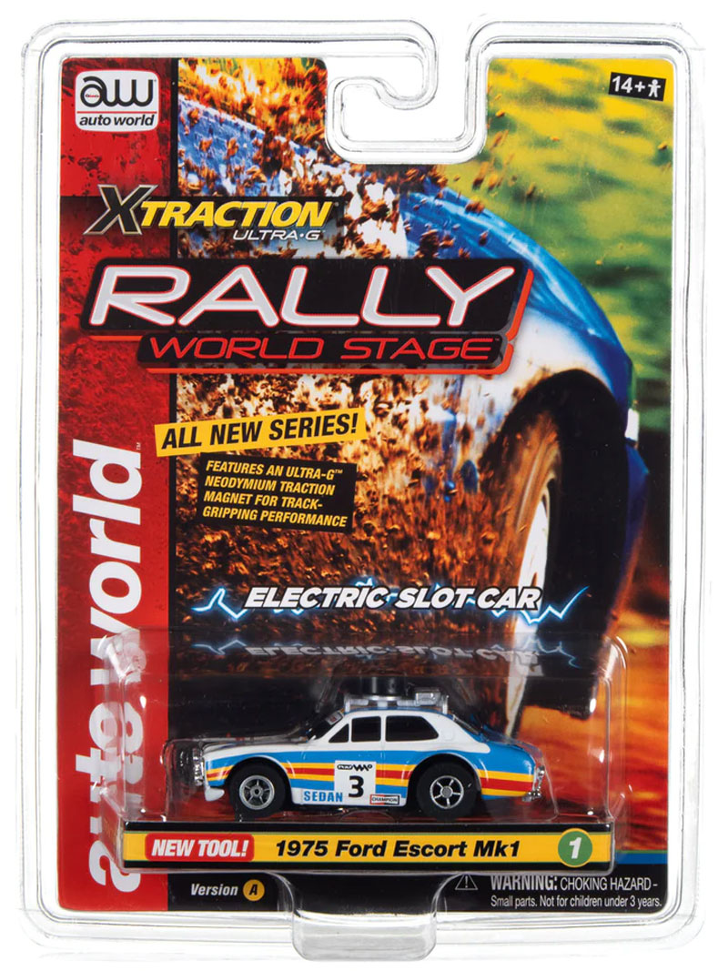Auto World 1975 Ford Rally Escort (Blue, Orange, White) Rally World Stage X-Traction HO Slot Car