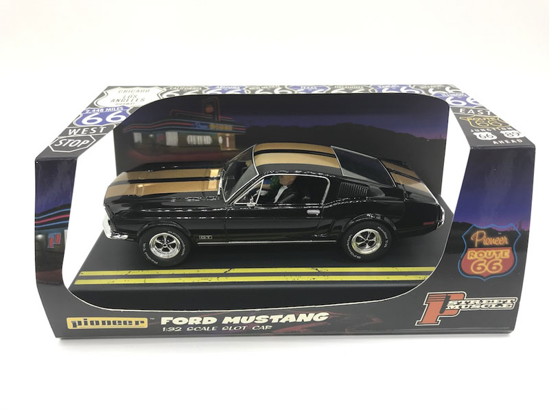 Pioneer 1968 Mustang Fastback GT, ‘Route 66’ Black/Gold, 1/32 Slot Car