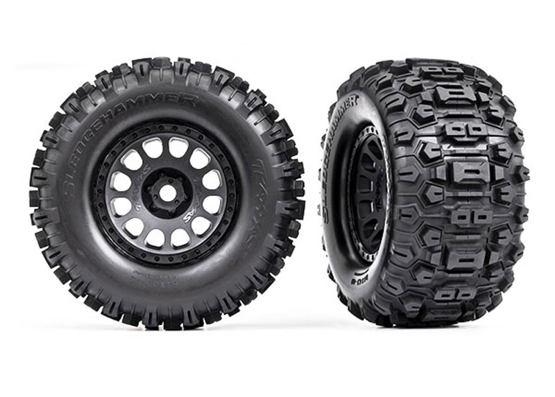 Traxxas Sledgehammer Tires Pre-Mounted w/Foam Inserts Race Black Wheels (Left & Right): X-Maxx, XRT