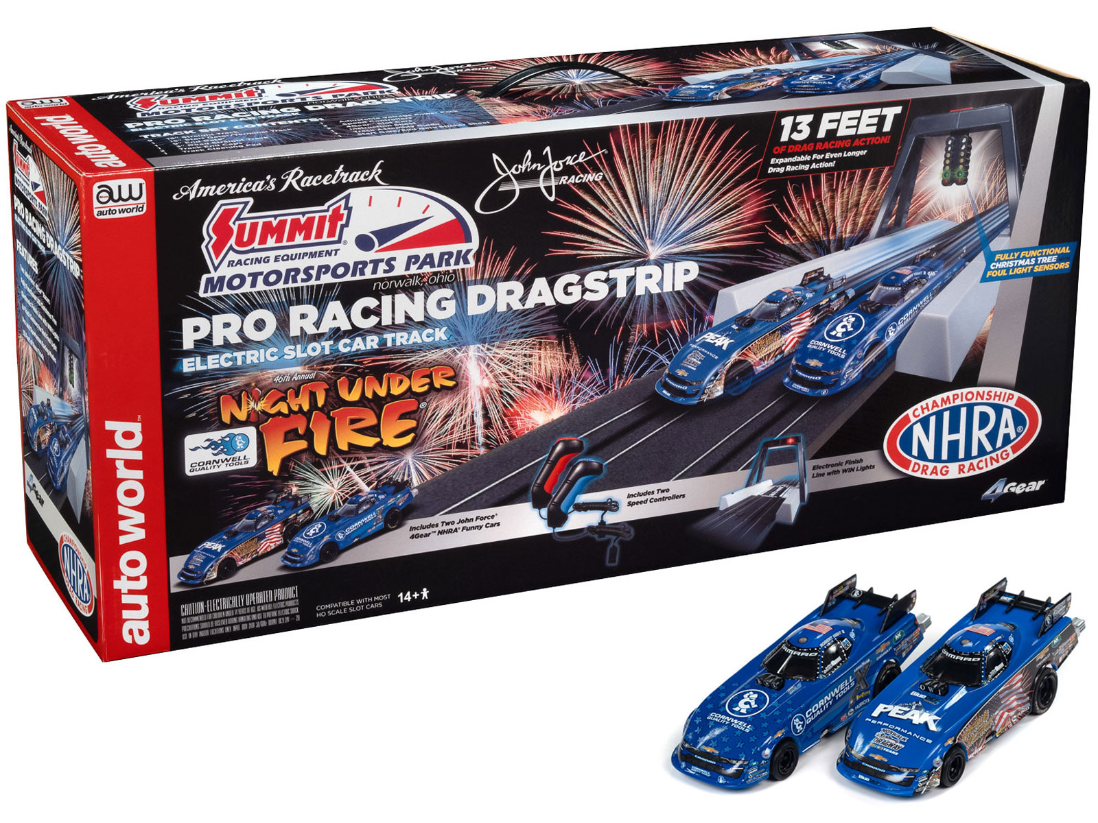 Auto World Summit Motorsports Park Night Under Fire 13' Dragstrip HO Slot Car Set