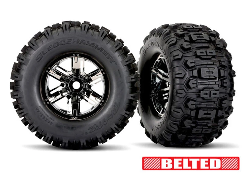 Traxxas Black Chrome Sledgehammer Belted Tires and Wheels (2)