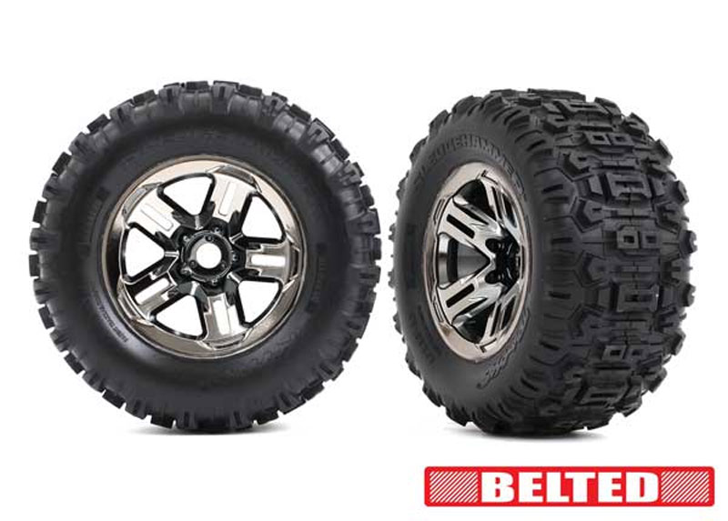 Traxxas Belted Sledgehammer Tires, Foam Inserts) (2) Assembled, Glued (3.8" Black Chrome Wheels)