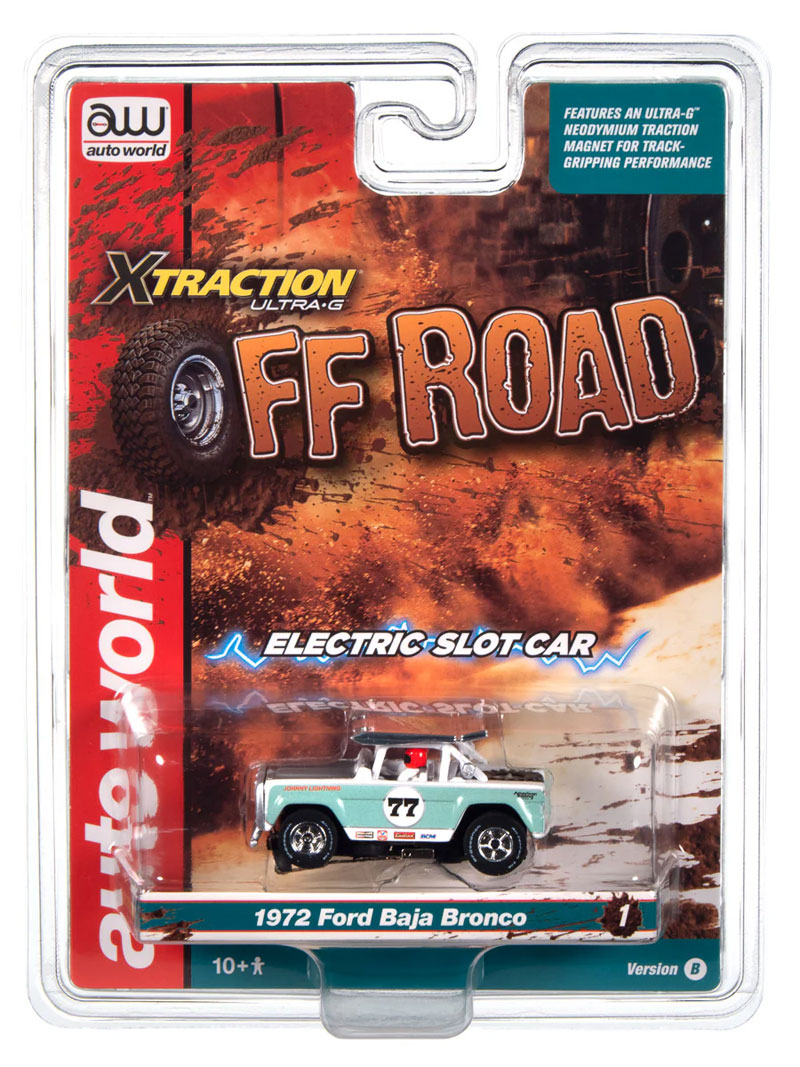 Auto World 1972 Ford Baja Bronco (White w/Light Teal Race Graphics) X-Traction HO Slot Car