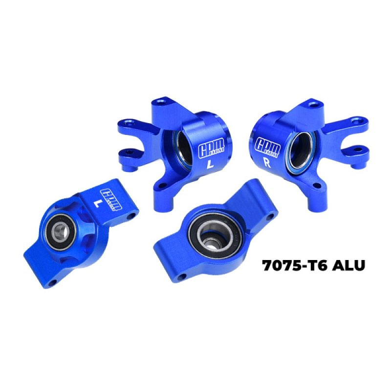 GPM Blue 7075 Alloy Front Steering Blocks and Rear Hub Stub Axle Carriers With Oversize Bearing for Mini Maxx