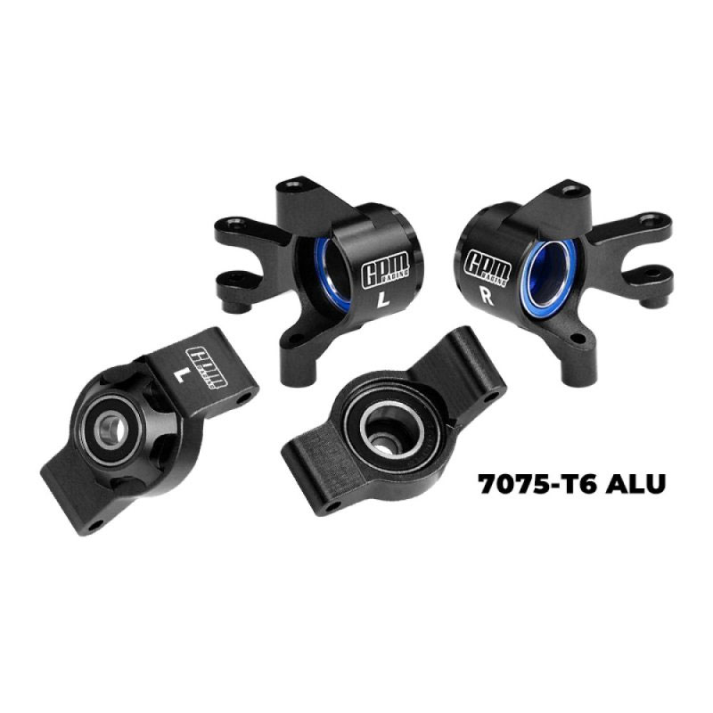 GPM Black 7075 Alloy Front Steering Blocks and Rear Hub Stub Axle Carriers With Oversize Bearing for Mini Maxx