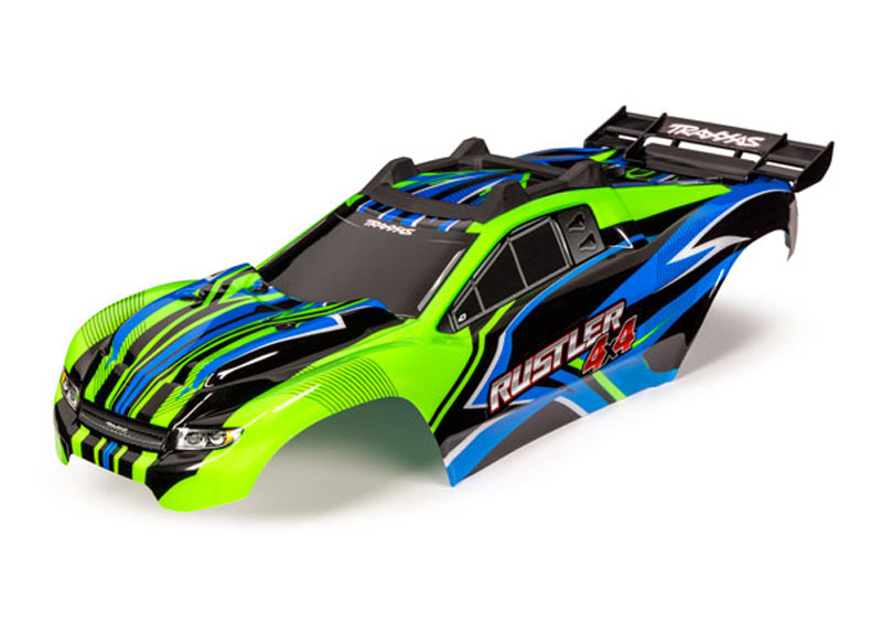 Traxxas Rustler 4x4 Green and Blue Painted Body Assembled with Front & Rear Mounts and Rear Body Support for Clipless Mounting
