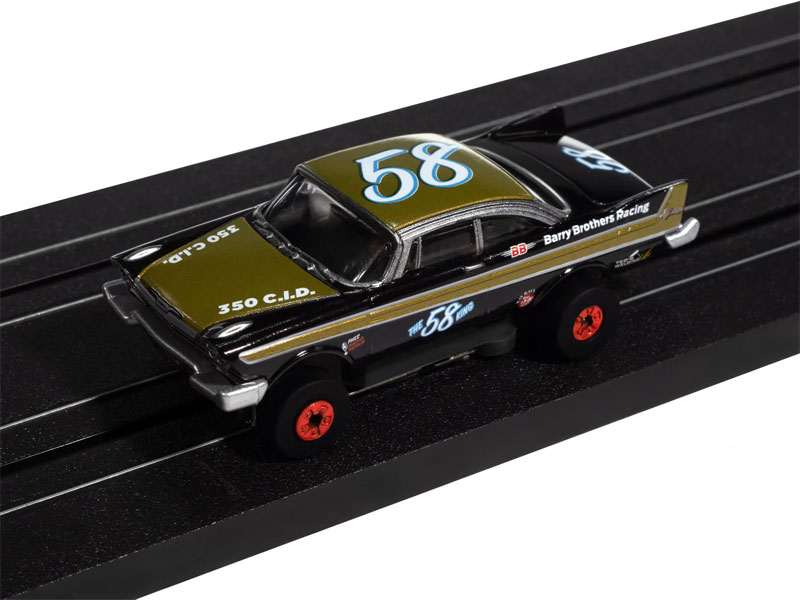 Auto World 1958 Plymouth Fury (Flat Black & Gold) Thunderjet HO Slot Car