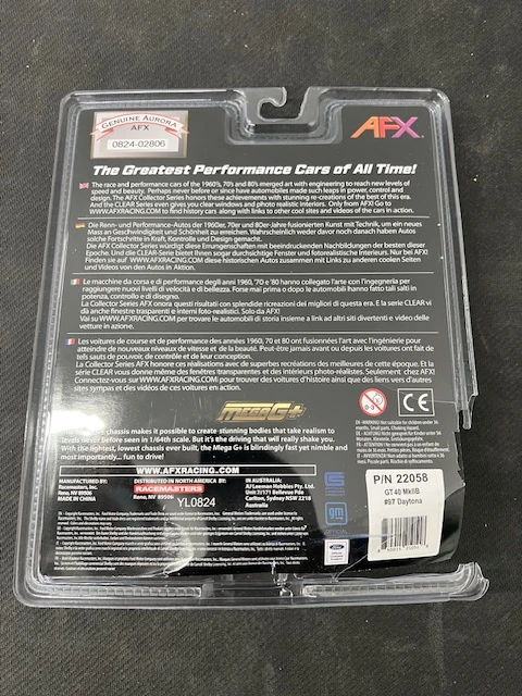 AFX Ford GT40 MKII 1966 Daytona #97 White/Black/Blue Mega G+ HO Slot Car - DMG Package